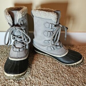 Sorel Caribou Slim Gray Leather Waterproof Winter Snow Womens Boots 7.5